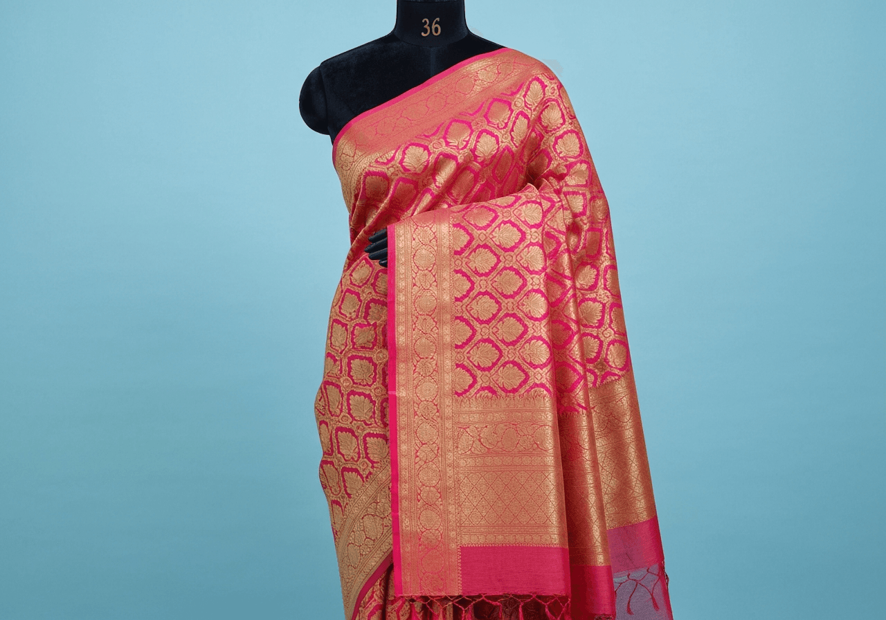 Pink Banaras Silk Fabric Golden Zari